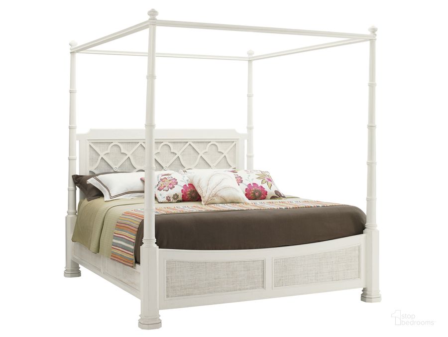 The appearance of Ivory Key Southampton King Poster Bed designed by Tommy Bahama in the transitional interior design. This white piece of furniture  was selected by 1StopBedrooms from Ivory Key Collection to add a touch of cosiness and style into your home. Sku: 01-0543-174C. Bed Type: Canopy Bed. Material: Glass. Product Type: Canopy Bed. Bed Size: King. Image1