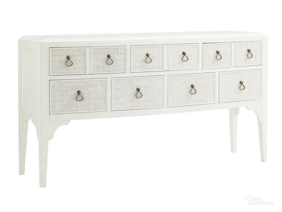 The appearance of Ivory Key Spanish Point Sideboard designed by Tommy Bahama in the transitional interior design. This white piece of furniture  was selected by 1StopBedrooms from Ivory Key Collection to add a touch of cosiness and style into your home. Sku: 01-0543-869. Material: Glass. Product Type: Buffets, Sideboards and Server. Image1