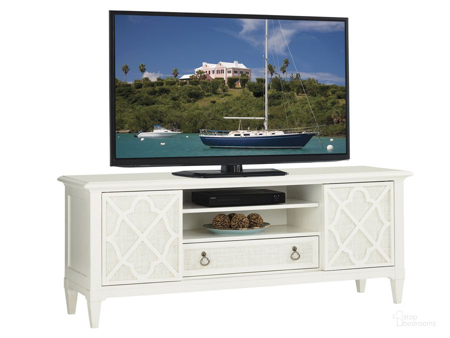 The appearance of Ivory Key Wharf Street Entertainment Console designed by Tommy Bahama in the transitional interior design. This white piece of furniture  was selected by 1StopBedrooms from Ivory Key Collection to add a touch of cosiness and style into your home. Sku: 01-0543-907. Material: Glass. Product Type: TV Stands and TV Console. Image1