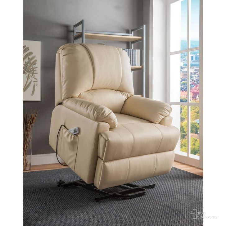 The appearance of Ixora Beige Power Lift and Massage Recliner designed by ACME in the modern / contemporary interior design. This brown piece of furniture  was selected by 1StopBedrooms from Ixora Collection to add a touch of cosiness and style into your home. Sku: 59286. Product Type: Recliner. Material: Vinyl. Image1