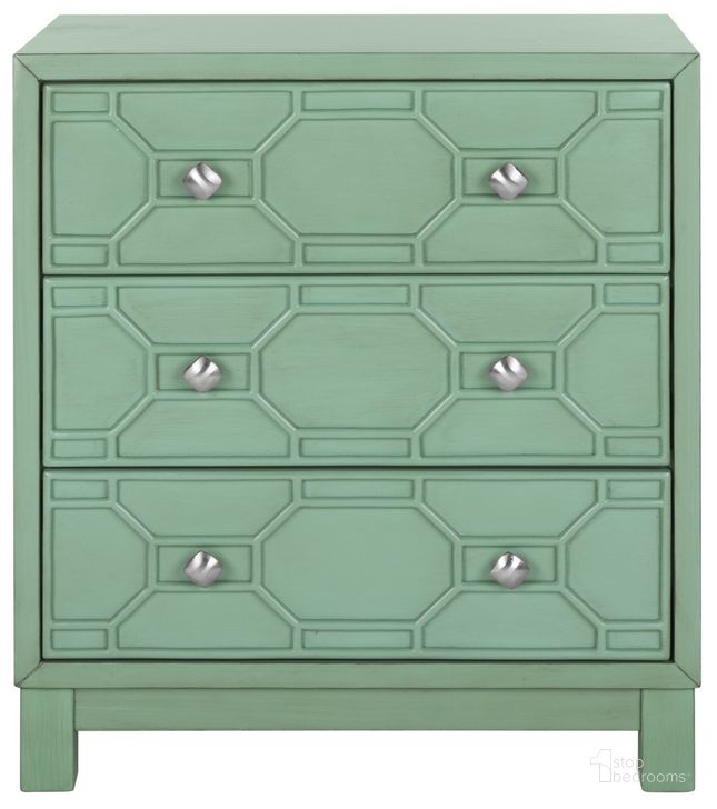 The appearance of Izumi 3 Drawer Chest designed by Safavieh in the modern / contemporary interior design. This turquoise piece of furniture  was selected by 1StopBedrooms from Safavieh CHS Collection to add a touch of cosiness and style into your home. Sku: CHS9201A. Material: Wood. Product Type: Chest. Image1