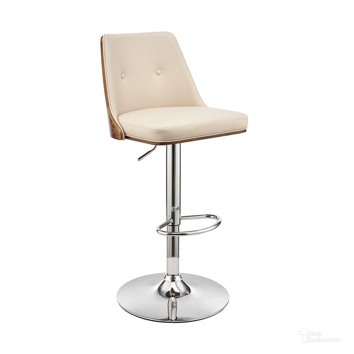 The appearance of Jacob Adjustable and Swivel Cream Faux Leather and Walnut Wood Bar Stool with Chrome Base designed by Armen Living in the transitional interior design. This cream piece of furniture  was selected by 1StopBedrooms from Jacob Collection to add a touch of cosiness and style into your home. Sku: LCJBBAWACR. Product Type: Barstool. Material: Poplar. Image1