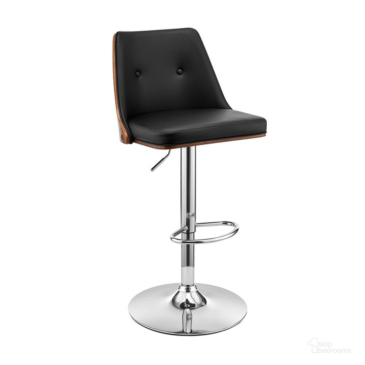The appearance of Jacob Adjustable Swivel Black Faux Leather and Walnut Wood Bar Stool with Chrome Base designed by Armen Living in the transitional interior design. This black piece of furniture  was selected by 1StopBedrooms from Jacob Collection to add a touch of cosiness and style into your home. Sku: LCJBBAWABL. Product Type: Barstool. Material: Poplar. Image1