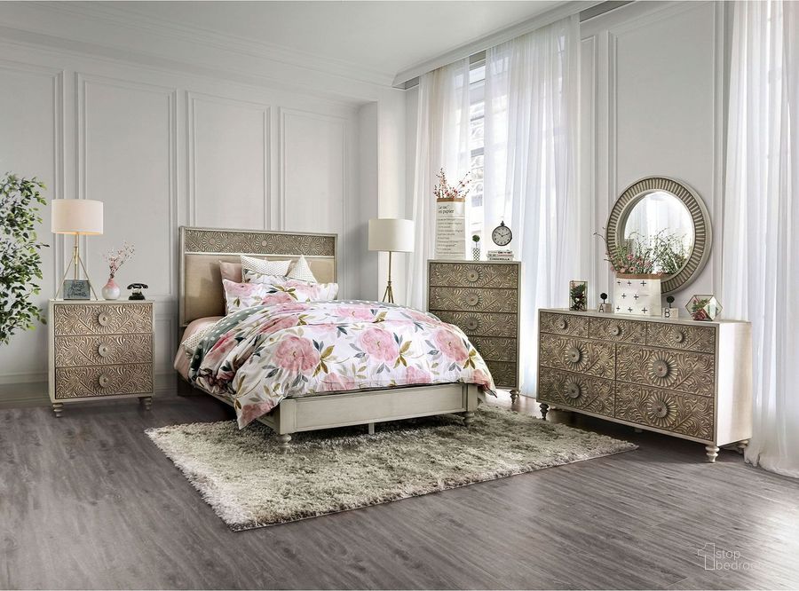 The appearance of Jakarta Antique White And Beige Upholstered Panel Bedroom Set designed by Furniture of America in the transitional interior design. This beige piece of furniture  was selected by 1StopBedrooms from Jakarta Collection to add a touch of cosiness and style into your home. Sku: FOA7882Q-HB;FOA7882Q-FB;FOA7882Q-R;FOA7882N. Material: Wood. Product Type: Bedroom Set. Bed Size: Queen. Image1