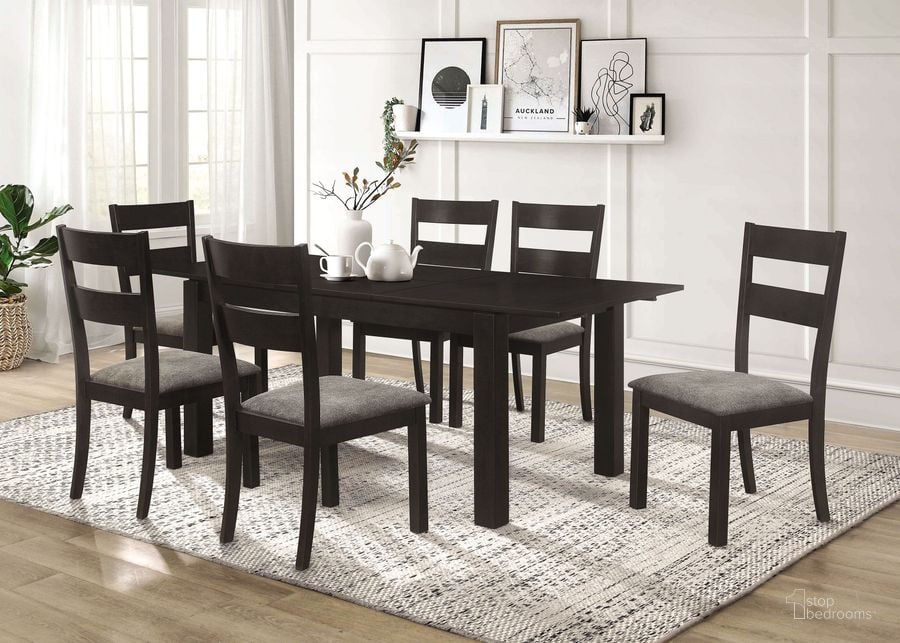 The appearance of Jakob Black Extendable Dining Room Set designed by Coaster in the transitional interior design. This black piece of furniture  was selected by 1StopBedrooms from Jakob Collection to add a touch of cosiness and style into your home. Sku: 115131;115132. Material: Wood. Product Type: Dining Room Set. Image1