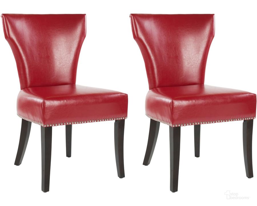 The appearance of Jappic Red and Espresso 22 Inch Side Chairs with Silver Nailhead Detail Set of 2 designed by Safavieh in the traditional interior design. This red piece of furniture  was selected by 1StopBedrooms from Jappic Collection to add a touch of cosiness and style into your home. Sku: MCR4706D-SET2. Product Type: Dining Chair. Material: Stainless Steel. Image1