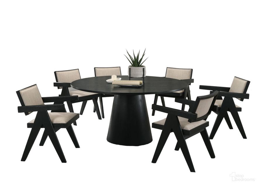 The appearance of Jasper 7 Piece Round Dining Set In Ebony Black and Beige designed by Lilola Home in the modern / contemporary interior design. This black and beige piece of furniture  was selected by 1StopBedrooms from Jasper Collection to add a touch of cosiness and style into your home. Sku: 30023-3. Material: Wood. Product Type: Dining Room Set. Image1