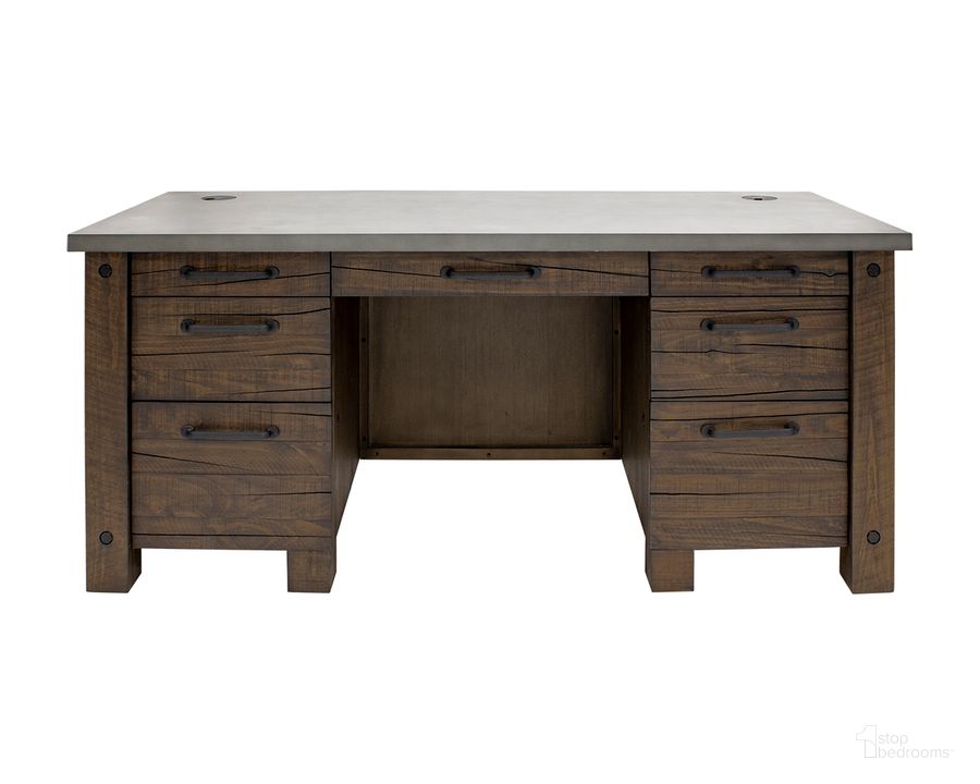 The appearance of Jasper Rustic Double Pedestal Executive Desk In Brown with Concrete Top designed by Martin Furniture in the country / farmhouse interior design. This brown piece of furniture  was selected by 1StopBedrooms from Jasper Collection to add a touch of cosiness and style into your home. Sku: IMJA680. Material: Wood. Product Type: Office Desk. Image1