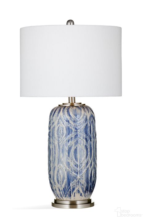 The appearance of Jeers Table Lamp In White and Blue and Brushed Steel designed by Bassett Mirror Company in the traditional interior design. This white and blue piece of furniture  was selected by 1StopBedrooms from  to add a touch of cosiness and style into your home. Sku: L4258T. Material: Metal. Product Type: Table Lamp. Image1