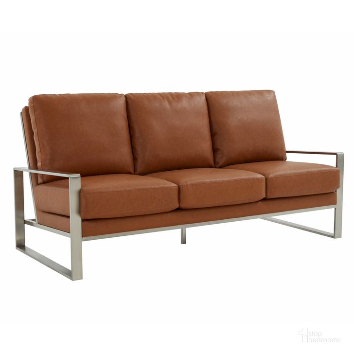 The appearance of Jefferson Design Leather Sofa In Cognac Tan designed by LeisureMod in the modern / contemporary interior design. This cognac piece of furniture  was selected by 1StopBedrooms from Jefferson Collection to add a touch of cosiness and style into your home. Sku: JAS77BR-L. Material: Faux Leather. Product Type: Sofa. Image1