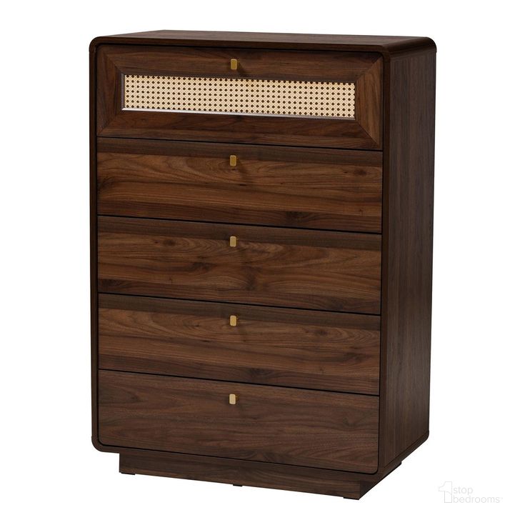 The appearance of Jenibelle Wood 5 Drawer Chest In Walnut Brown designed by Baxton Studio in the modern / contemporary interior design. This walnut brown piece of furniture  was selected by 1StopBedrooms from Jenibelle Collection to add a touch of cosiness and style into your home. Sku: LV38 COD3823WI-Columbia-Rattan-5DW-Chest. Product Type: Chest. Material: Rattan. Image1