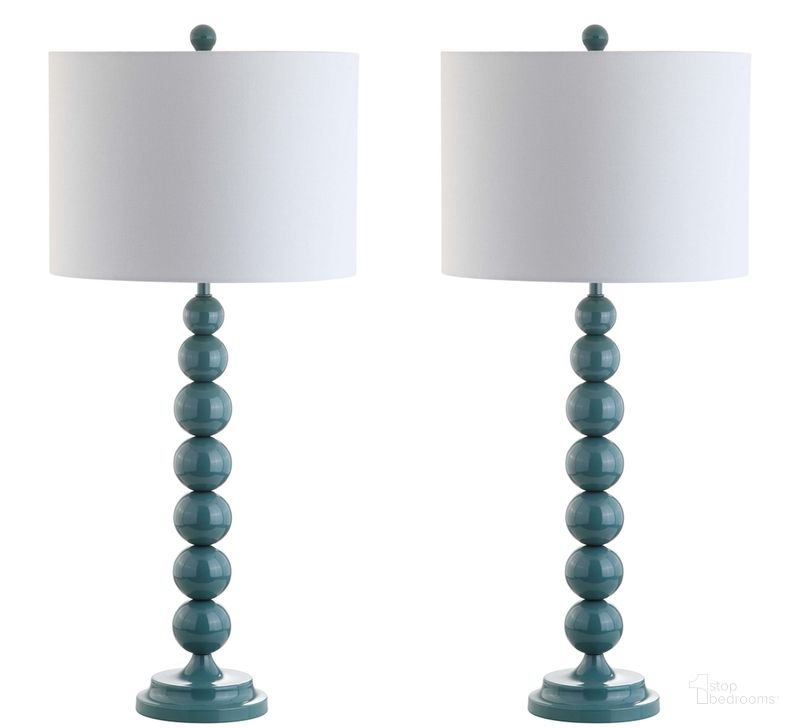 The appearance of Jenna Marine Blue and Off-White 31.5 Inch Stacked Ball Lamp Set of 2 designed by Safavieh in the modern / contemporary interior design. This blue piece of furniture  was selected by 1StopBedrooms from Jenna Collection to add a touch of cosiness and style into your home. Sku: LIT4090C-SET2. Product Type: Table Lamp. Image1