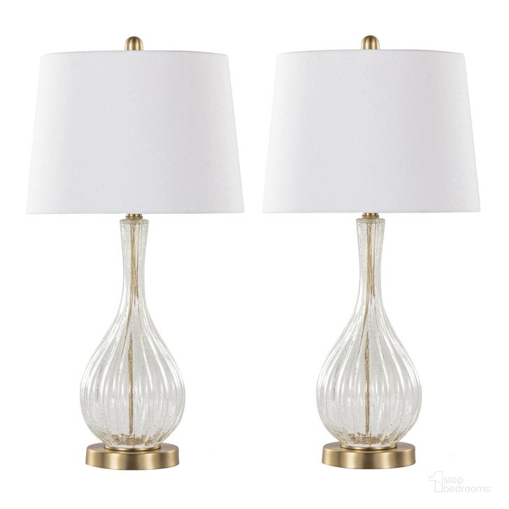 The appearance of Jenny 27.25 Inch Glass Table Lamp Set of 2 In White and Gold designed by Lumisource in the modern / contemporary interior design. This white and gold piece of furniture  was selected by 1StopBedrooms from Jenny Collection to add a touch of cosiness and style into your home. Sku: GTG27-JENNY CLAUW2. Material: Metal. Product Type: Table Lamp. Image1