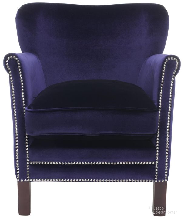 The appearance of Jenny Royal Blue and Cherry Mahogany Arm Chair with Silver Nailhead Detail designed by Safavieh in the transitional interior design. This royal blue piece of furniture  was selected by 1StopBedrooms from Jenny Collection to add a touch of cosiness and style into your home. Sku: MCR4543D. Product Type: Accent Chair. Material: Stainless Steel. Image1