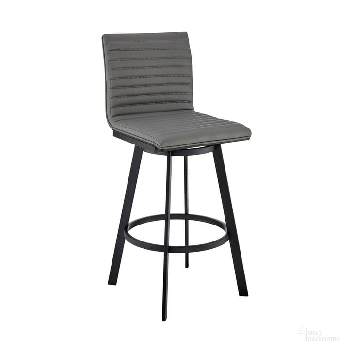 The appearance of Jermaine 30 Inch Bar Height Swivel Bar Stool In Matt Black Finish with Gray Faux Leather designed by Armen Living in the modern / contemporary interior design. This gray piece of furniture  was selected by 1StopBedrooms from Jermaine Collection to add a touch of cosiness and style into your home. Sku: 721535762019. Product Type: Barstool. Material: Stainless Steel. Image1