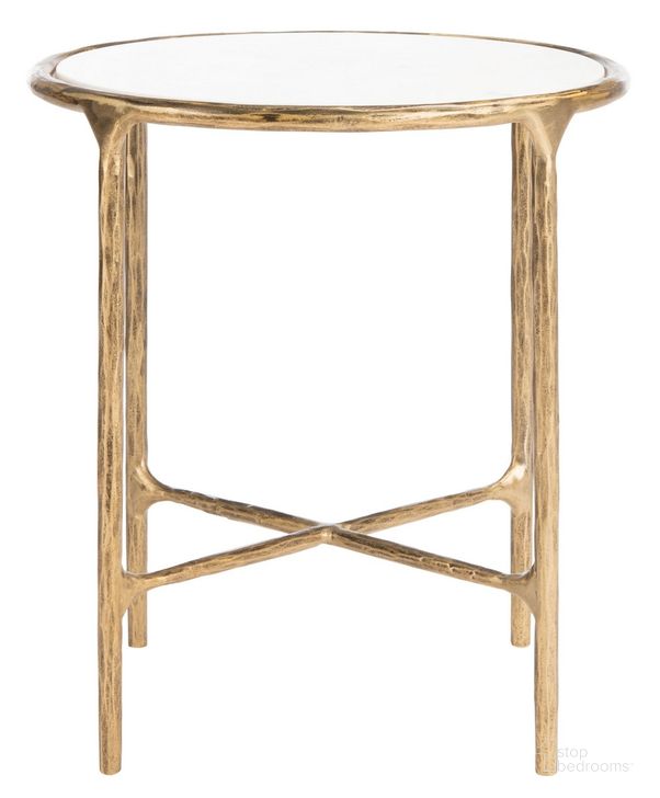 The appearance of Jessa Metal Round End Table In White And Brass designed by Safavieh Couture in the glam interior design. This white and brushed brass piece of furniture  was selected by 1StopBedrooms from Jessa Collection to add a touch of cosiness and style into your home. Sku: SFV9505C. Material: Metal. Product Type: End Table. Image1