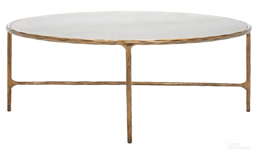 The appearance of Jessa Oval Metal Coffee Table In White and Brushed Brass designed by Safavieh Couture in the modern / contemporary interior design. This white and brushed brass piece of furniture  was selected by 1StopBedrooms from Jessa Collection to add a touch of cosiness and style into your home. Sku: SFV9521C. Product Type: Coffee Table. Material: Iron. Image1