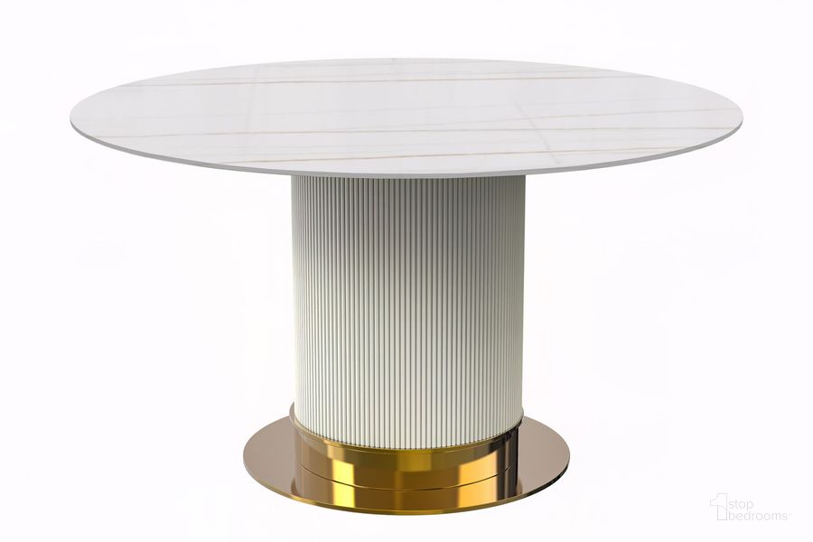 The appearance of Jexis 60 Inch Round Dining Table In White and Gold designed by LeisureMod in the modern / contemporary interior design. This white/gold piece of furniture  was selected by 1StopBedrooms from Jexis Collection to add a touch of cosiness and style into your home. Sku: JRW-60WG-S. Table Base Style: Pedestal. Table Top Shape: Round. Product Type: Dining Table. Material: Stainless Steel. Size: 60". Image1