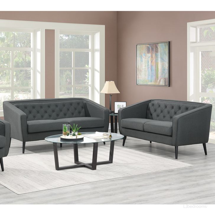 The appearance of Jill Mid-Century Modern Tufted Tuxedo Arm Living Room Set In Grey designed by AC Pacific in the modern / contemporary interior design. This grey piece of furniture  was selected by 1StopBedrooms from Jill Collection to add a touch of cosiness and style into your home. Sku: JILL-GREY-SOFA;JILL-GREY-LOVE. Material: Polyester. Product Type: Living Room Set. Image1