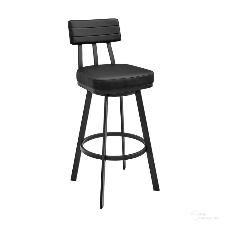 The appearance of Jinab Swivel Bar Stool In Black designed by Armen Living in the modern / contemporary interior design. This black piece of furniture  was selected by 1StopBedrooms from Jinab Collection to add a touch of cosiness and style into your home. Sku: 840254335219. Product Type: Barstool. Material: Iron. Image1
