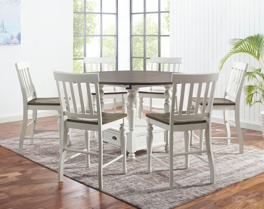 The appearance of Joanna 7Pc Counter Height Dining Set designed by Steve Silver in the country / farmhouse interior design. This two-tone piece of furniture  was selected by 1StopBedrooms from Joanna Collection to add a touch of cosiness and style into your home. Sku: JA5959CTB;JA5959CTT;JA700CCN;JA700CCN;JA700CCN. Product Type: Dining Room Set. Material: Rubberwood. Image1