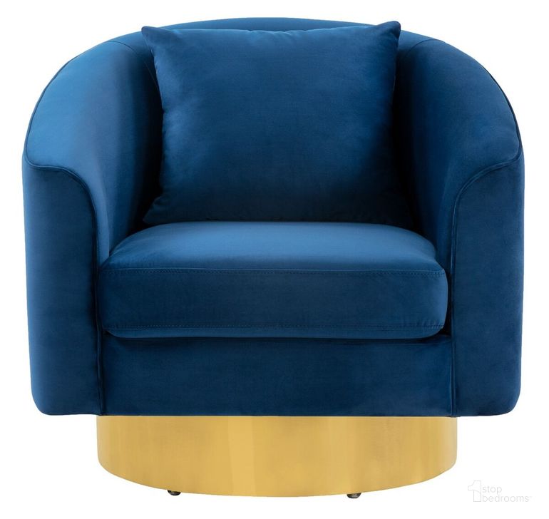 The appearance of Joaquin Swivel Barrel Chair In Navy designed by Safavieh Couture in the modern / contemporary interior design. This navy piece of furniture  was selected by 1StopBedrooms from Joaquin Collection to add a touch of cosiness and style into your home. Sku: SFV4765C. Material: Wood. Product Type: Accent Chair. Image1