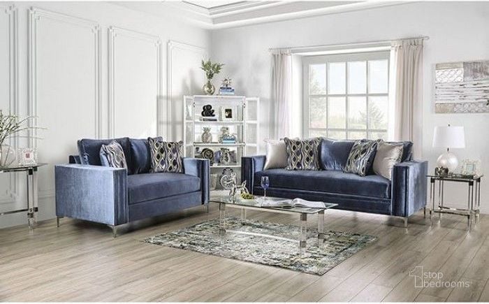 The appearance of Jodie Satin Blue Living Room Set designed by Furniture of America in the modern / contemporary interior design. This blue piece of furniture  was selected by 1StopBedrooms from Jodie Collection to add a touch of cosiness and style into your home. Sku: SM2687-SF;SM2687-LV. Material: Wood. Product Type: Living Room Set. Image1