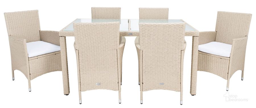 The appearance of Jolin 7 Pc Dining Set in Beige designed by Safavieh in the modern / contemporary interior design. This beige piece of furniture  was selected by 1StopBedrooms from Jolin Collection to add a touch of cosiness and style into your home. Sku: PAT7706B-3BX. Table Base Style: Legs. Material: Steel. Table Top Shape: Rectangular. Product Type: Outdoor Dining Set. Image1