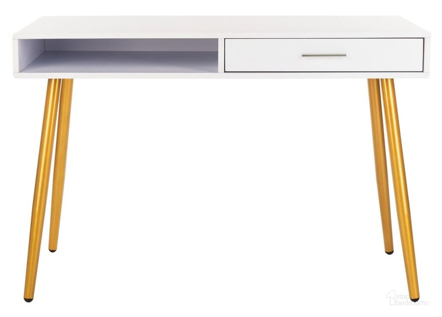 The appearance of Jorja 1 Drawer 1 Shelf Desk DSK2200C designed by Safavieh in the modern / contemporary interior design. This white and gold piece of furniture  was selected by 1StopBedrooms from Jorja Collection to add a touch of cosiness and style into your home. Sku: DSK2200C. Material: Metal. Product Type: Desk. Image1