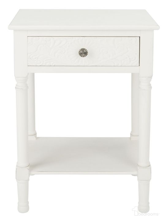 The appearance of Josie 1 Drawer Accent Table in Distressed White designed by Safavieh in the modern / contemporary interior design. This distressed white piece of furniture  was selected by 1StopBedrooms from Josie Collection to add a touch of cosiness and style into your home. Sku: ACC5706A. Material: Wood. Product Type: Accent Table. Image1