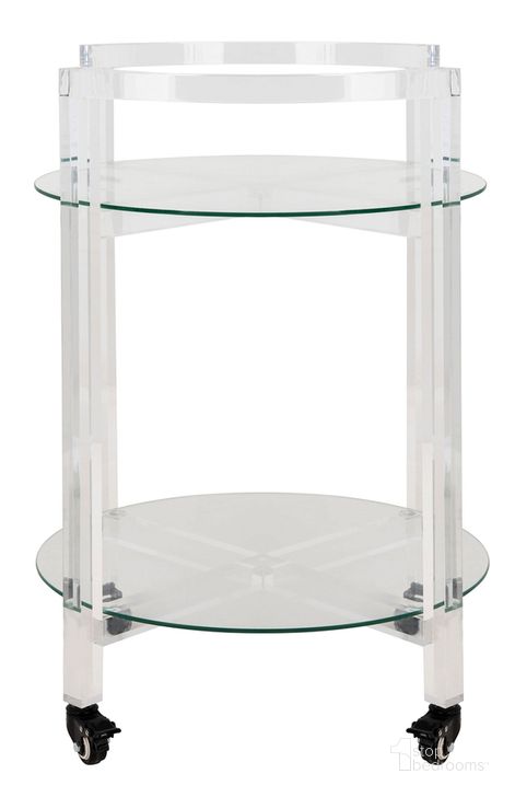 The appearance of Jules 2 Tier Acrylic Bar Cart In Clear designed by Safavieh Couture in the modern / contemporary interior design. This clear piece of furniture  was selected by 1StopBedrooms from Jules Collection to add a touch of cosiness and style into your home. Sku: SFV3104A. Material: Glass. Product Type: Bar Cart. Image1