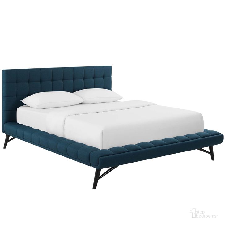 The appearance of Julia Blue Queen Biscuit Tufted Upholstered Fabric Platform Bed designed by Modway in the modern / contemporary interior design. This blue piece of furniture  was selected by 1StopBedrooms from Julia Collection to add a touch of cosiness and style into your home. Sku: MOD-6007-BLU. Bed Type: Platform Bed. Product Type: Platform Bed. Bed Size: Queen. Material: MDF. Image1
