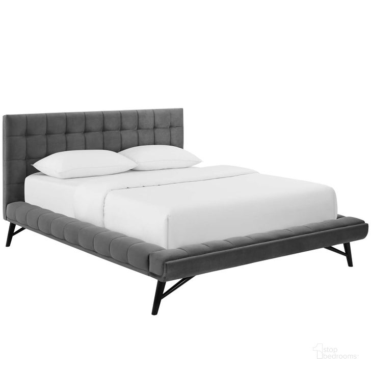 The appearance of Julia Gray Queen Biscuit Tufted Performance Velvet Platform Bed designed by Modway in the modern / contemporary interior design. This gray piece of furniture  was selected by 1StopBedrooms from Julia Collection to add a touch of cosiness and style into your home. Sku: MOD-6008-GRY. Bed Type: Platform Bed. Product Type: Platform Bed. Bed Size: Queen. Material: MDF. Image1