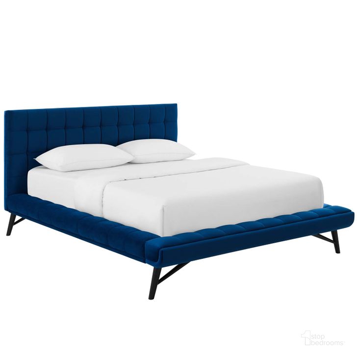 The appearance of Julia Navy Queen Biscuit Tufted Performance Velvet Platform Bed designed by Modway in the modern / contemporary interior design. This navy piece of furniture  was selected by 1StopBedrooms from Julia Collection to add a touch of cosiness and style into your home. Sku: MOD-6008-NAV. Bed Type: Platform Bed. Product Type: Platform Bed. Bed Size: Queen. Material: MDF. Image1