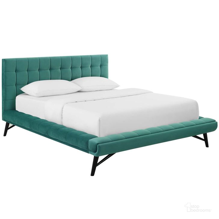 The appearance of Julia Teal Queen Biscuit Tufted Performance Velvet Platform Bed designed by Modway in the modern / contemporary interior design. This teal piece of furniture  was selected by 1StopBedrooms from Julia Collection to add a touch of cosiness and style into your home. Sku: MOD-6008-TEA. Bed Type: Platform Bed. Product Type: Platform Bed. Bed Size: Queen. Material: MDF. Image1