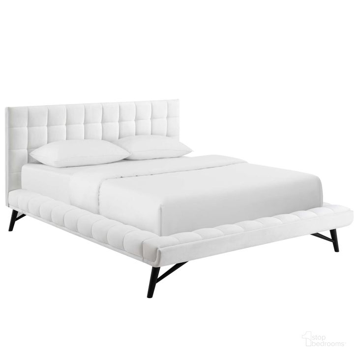 The appearance of Julia White Queen Biscuit Tufted Performance Velvet Platform Bed designed by Modway in the modern / contemporary interior design. This white piece of furniture  was selected by 1StopBedrooms from Julia Collection to add a touch of cosiness and style into your home. Sku: MOD-6008-WHI. Bed Type: Platform Bed. Product Type: Platform Bed. Bed Size: Queen. Material: MDF. Image1