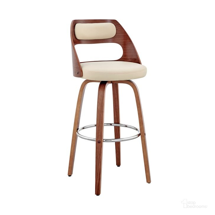 The appearance of Julius 26 Inch Cream Faux Leather and Walnut Wood Bar Stool designed by Armen Living in the transitional interior design. This cream piece of furniture  was selected by 1StopBedrooms from Julius Collection to add a touch of cosiness and style into your home. Sku: LCJUBAWACR26. Product Type: Barstool. Material: Iron. Image1