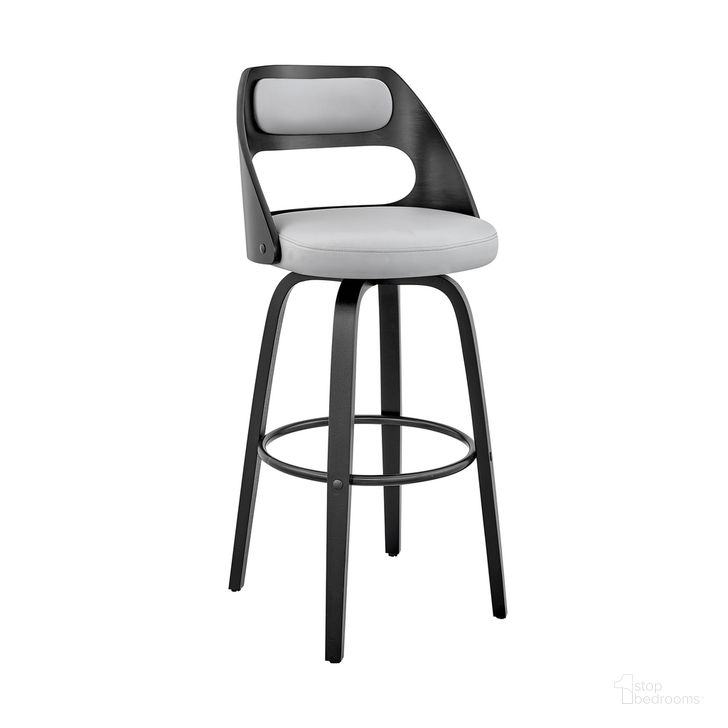 The appearance of Julius 26 Inch Gray Faux Leather and Black Wood Bar Stool designed by Armen Living in the transitional interior design. This gray piece of furniture  was selected by 1StopBedrooms from Julius Collection to add a touch of cosiness and style into your home. Sku: LCJUBABLGR26. Product Type: Barstool. Material: Iron. Image1
