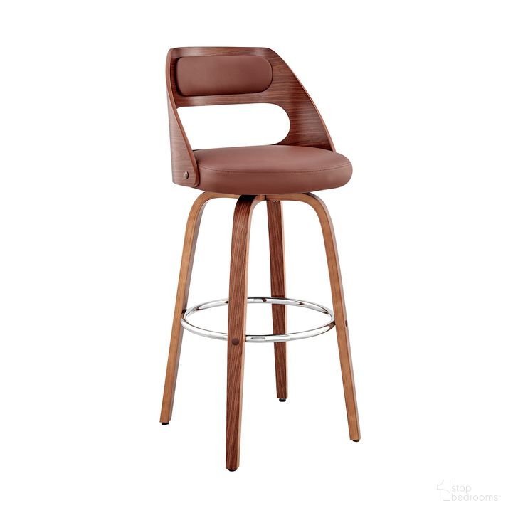 The appearance of Julius 30 Inch Brown Faux Leather and Walnut Wood Bar Stool designed by Armen Living in the transitional interior design. This brown piece of furniture  was selected by 1StopBedrooms from Julius Collection to add a touch of cosiness and style into your home. Sku: LCJUBAWABR30. Product Type: Barstool. Material: Iron. Image1