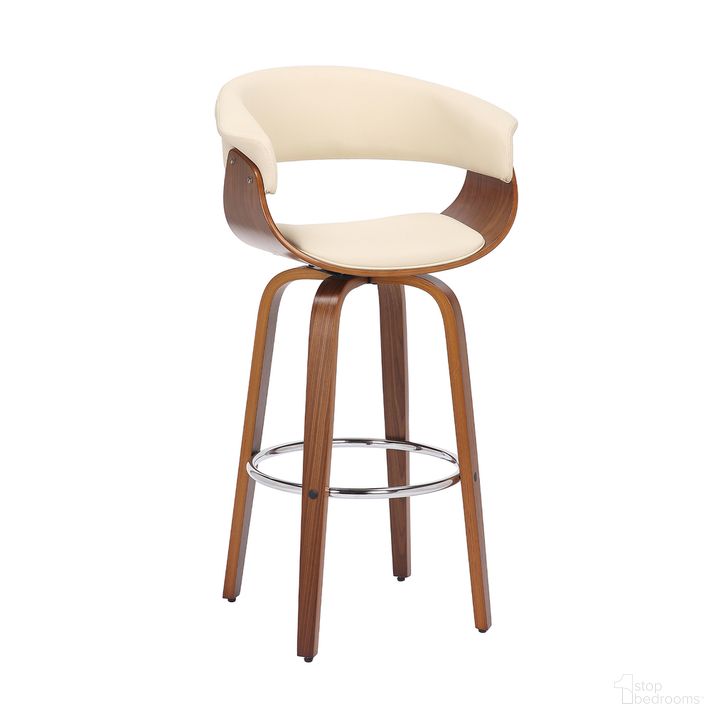 The appearance of Julyssa 30 Inch Bar Height Swivel Cream Faux Leather and Walnut Wood Bar Stool designed by Armen Living in the transitional interior design. This cream piece of furniture  was selected by 1StopBedrooms from Julyssa Collection to add a touch of cosiness and style into your home. Sku: LCJSBAWACR30. Product Type: Barstool. Material: Poplar. Image1