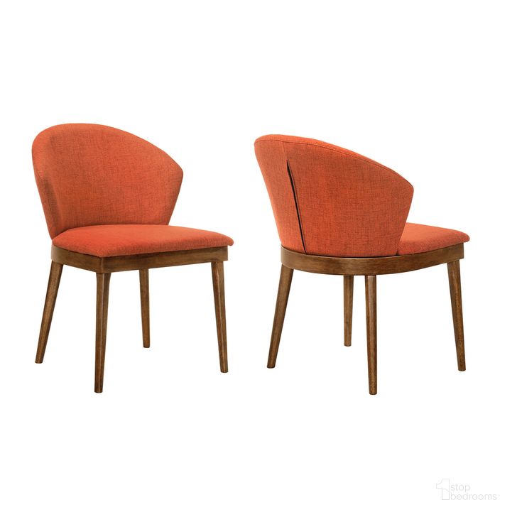 The appearance of Juno Orange Fabric and Walnut Wood Dining Side Chair Set of 2 designed by Armen Living in the modern / contemporary interior design. This orange piece of furniture  was selected by 1StopBedrooms from Juno Collection to add a touch of cosiness and style into your home. Sku: LCJNSIWAOR. Product Type: Dining Chair. Material: Rubberwood. Image1