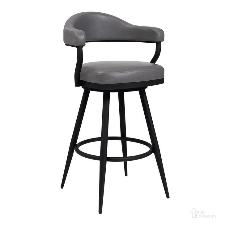 The appearance of Justin 30 Inch Bar Height Swivel Vintage Gray Faux Leather Bar Stool with Black Metal Legs designed by Armen Living in the modern / contemporary interior design. This gray piece of furniture  was selected by 1StopBedrooms from Justin Collection to add a touch of cosiness and style into your home. Sku: LCJTBABLVG30. Product Type: Barstool. Material: Iron. Image1