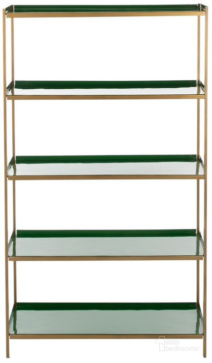 The appearance of Justine Green and Brass 5 Tier Etagere designed by Safavieh in the modern / contemporary interior design. This green piece of furniture  was selected by 1StopBedrooms from Justine Collection to add a touch of cosiness and style into your home. Sku: ETG3201B. Product Type: Etagere. Material: Iron. Image1