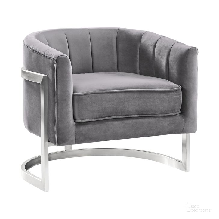 The appearance of Kamila Contemporary Accent Chair In Gray Velvet and Brushed Stainless Steel Finish designed by Armen Living in the glam interior design. This gray piece of furniture  was selected by 1StopBedrooms from Kamila Collection to add a touch of cosiness and style into your home. Sku: LCKMCHGRAY. Product Type: Accent Chair. Material: Stainless Steel. Image1