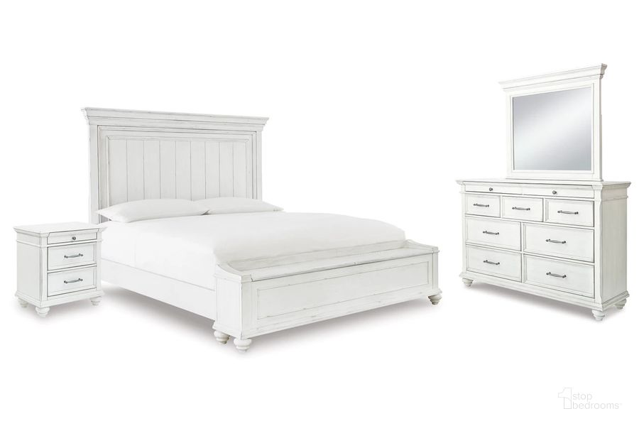 The appearance of Kanwyn Bedroom Set In White Wash designed by Signature Design by Ashley in the transitional interior design. This white wash piece of furniture  was selected by 1StopBedrooms from Kanwyn Collection to add a touch of cosiness and style into your home. Sku: B777-54S;B777-57;B777-96;B777-93. Material: Wood. Product Type: Bedroom Set. Bed Size: Queen. Image1