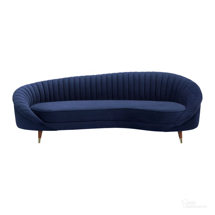 The appearance of Karisma Navy Curved Velvet Sofa designed by Armen Living in the glam interior design. This navy blue piece of furniture  was selected by 1StopBedrooms from Karisma Collection to add a touch of cosiness and style into your home. Sku: LCKR3NAVY. Product Type: Sofa. Material: Velvet. Image1