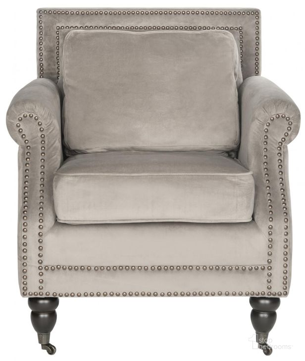 The appearance of Karsen Mushroom Taupe and Espresso Club Chair with Silver Nailhead Detail designed by Safavieh in the transitional interior design. This mushroom piece of furniture  was selected by 1StopBedrooms from Karsen Collection to add a touch of cosiness and style into your home. Sku: MCR4534B. Product Type: Accent Chair. Material: Stainless Steel. Image1