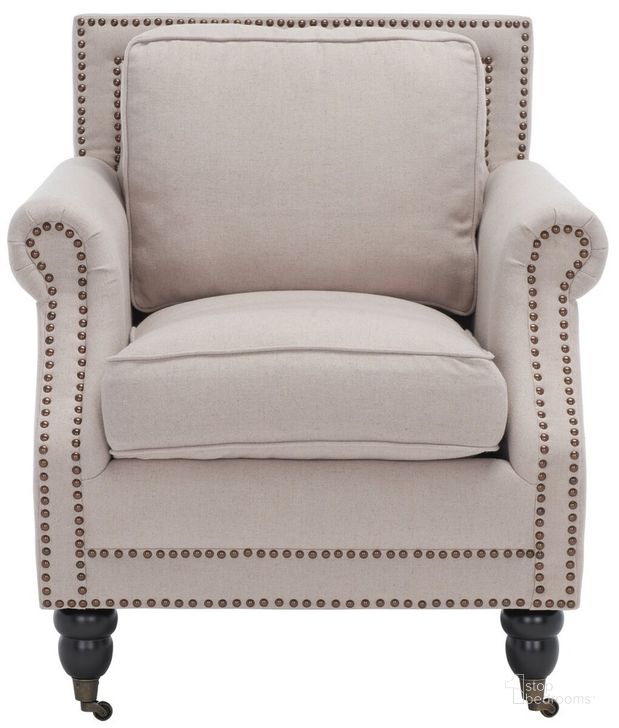 The appearance of Karsen Taupe and Dark Cherry Finish Club Chair with Brass Nailhead Detail designed by Safavieh in the transitional interior design. This taupe piece of furniture  was selected by 1StopBedrooms from Karsen Collection to add a touch of cosiness and style into your home. Sku: MCR4534A. Product Type: Accent Chair. Material: Stainless Steel. Image1