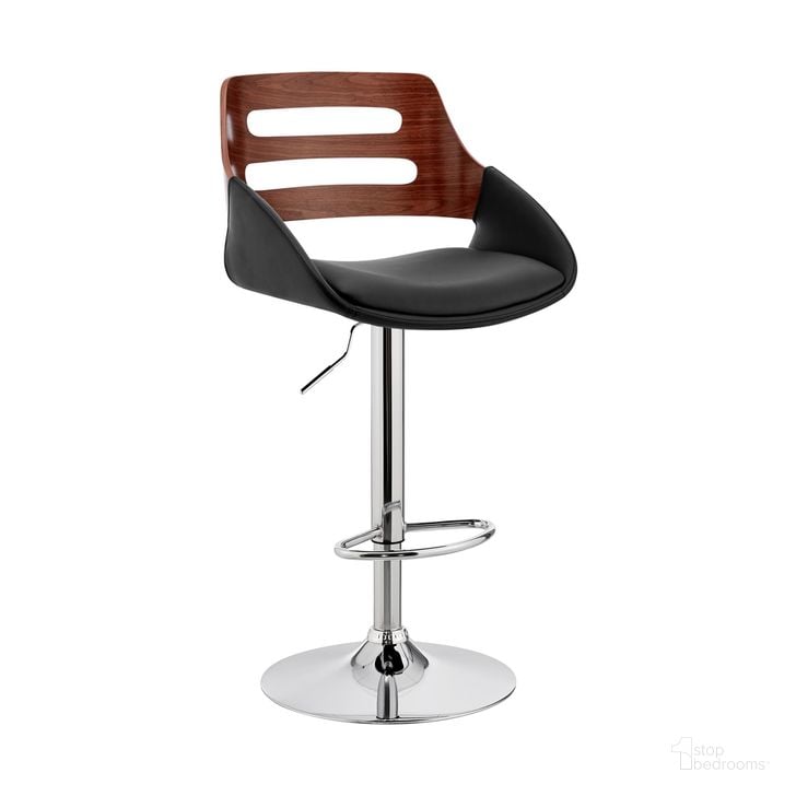 The appearance of Karter Adjustable Black Faux Leather and Walnut Wood Bar Stool with Chrome Base designed by Armen Living in the modern / contemporary interior design. This black piece of furniture  was selected by 1StopBedrooms from Karter Collection to add a touch of cosiness and style into your home. Sku: LCKTBAWABL. Product Type: Barstool. Material: Iron. Image1