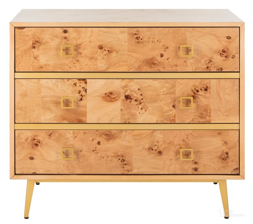 The appearance of Katia Natural/Gold 3 Drawer Chest designed by Safavieh in the modern / contemporary interior design. This gold piece of furniture  was selected by 1StopBedrooms from Katia Collection to add a touch of cosiness and style into your home. Sku: CHS6413A. Material: Metal. Product Type: Chest. Image1